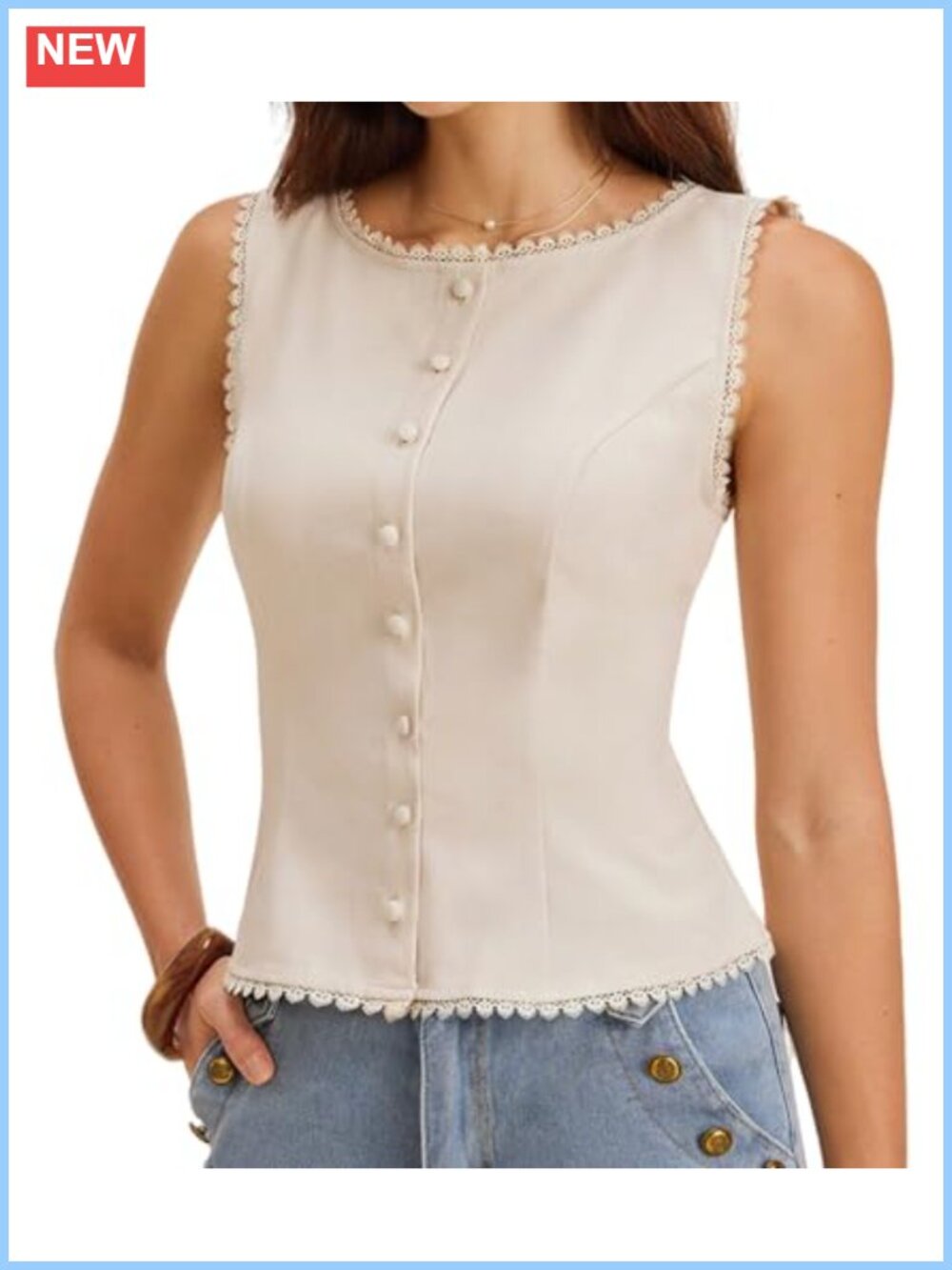 Sleeveless Button Down Blouse Lace Trim Fitted Work Top